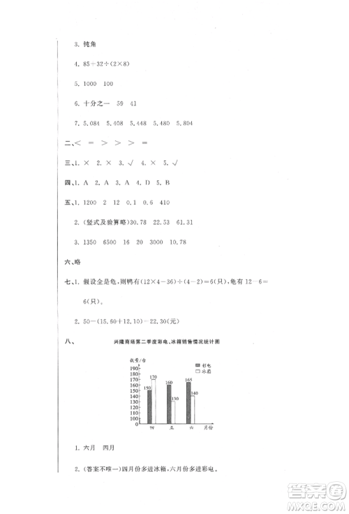 北京教育出版社2022提分教练优学导练测试卷四年级下册数学人教版参考答案 北京教育出版社2022提分教练优学导练测试卷四年级下册数学人教版参考答案