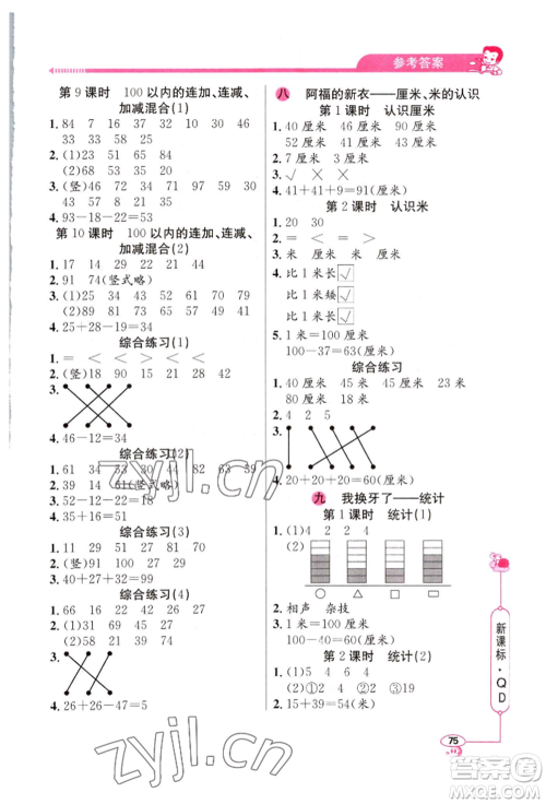 山东画报出版社2022应用题天天练一年级下册数学青岛版参考答案