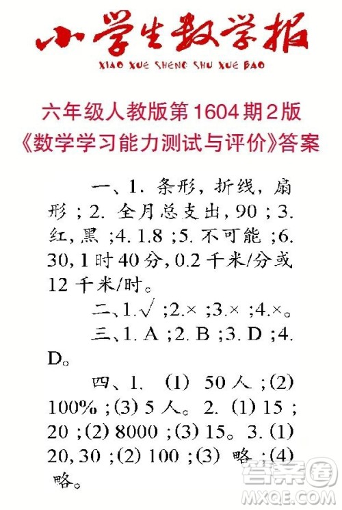 2022春小学生数学报六年级第1604期答案 2022春小学生数学报六年级第1604期答案