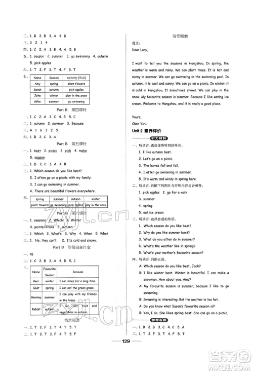 山东科学技术出版社2022新思维伴你学五年级下册英语人教版参考答案