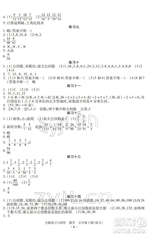 浙江人民出版社2022全程练习与评价五年级下册数学人教版答案