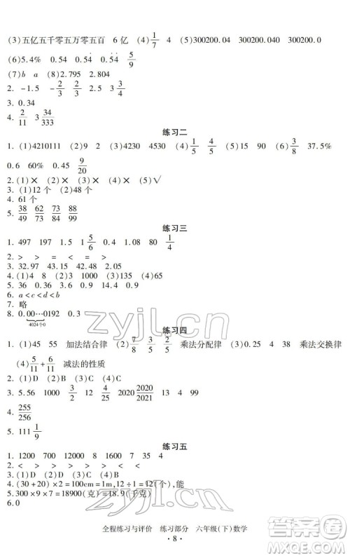 浙江人民出版社2022全程练习与评价六年级下册数学人教版答案