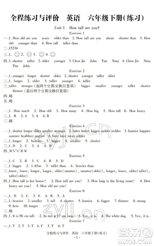 浙江人民出版社2022全程练习与评价六年级下册英语人教版答案