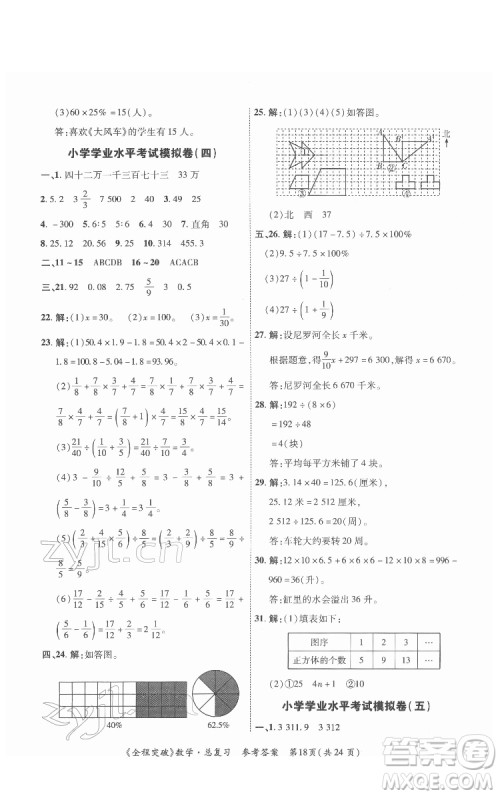 北方妇女儿童出版社2022全程突破六年级数学广东专版答案