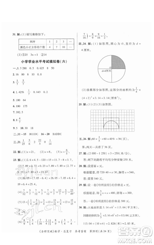 北方妇女儿童出版社2022全程突破六年级数学广东专版答案