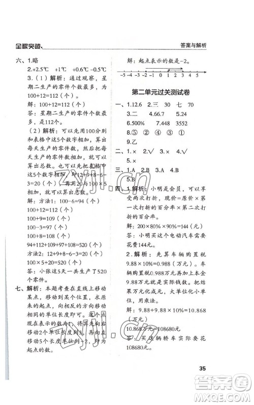 北方妇女儿童出版社2022全程突破六年级下册数学人教版答案