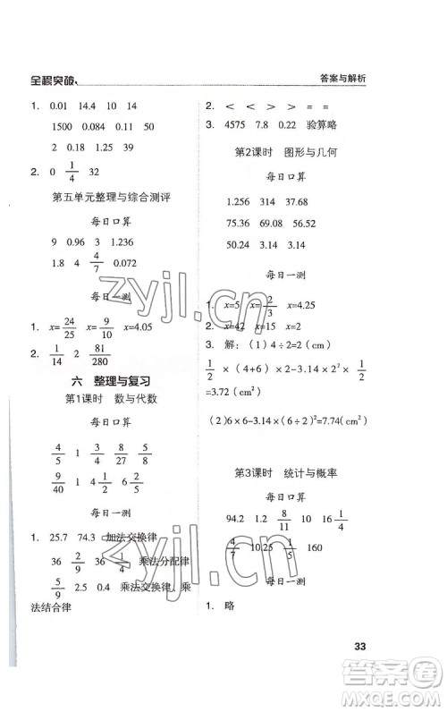 北方妇女儿童出版社2022全程突破六年级下册数学人教版答案