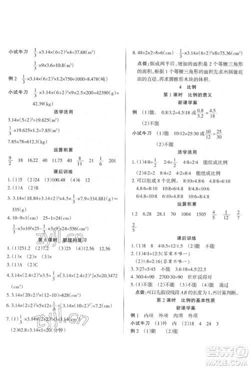 西安出版社2022状元坊全程突破导练测六年级下册数学人教版参考答案