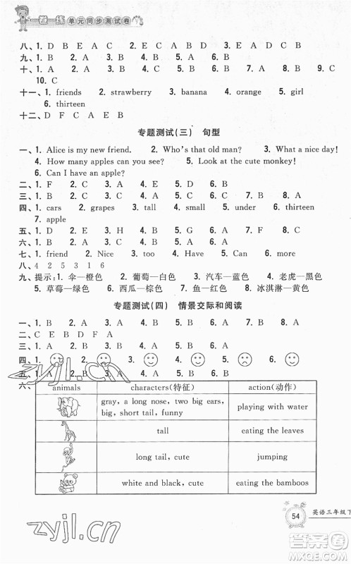 浙江工商大学出版社2022一卷一练单元同步测试卷三年级英语下册PEP版答案
