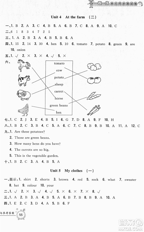 浙江工商大学出版社2022一卷一练单元同步测试卷四年级英语下册PEP版答案