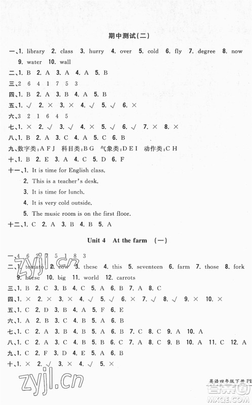 浙江工商大学出版社2022一卷一练单元同步测试卷四年级英语下册PEP版答案