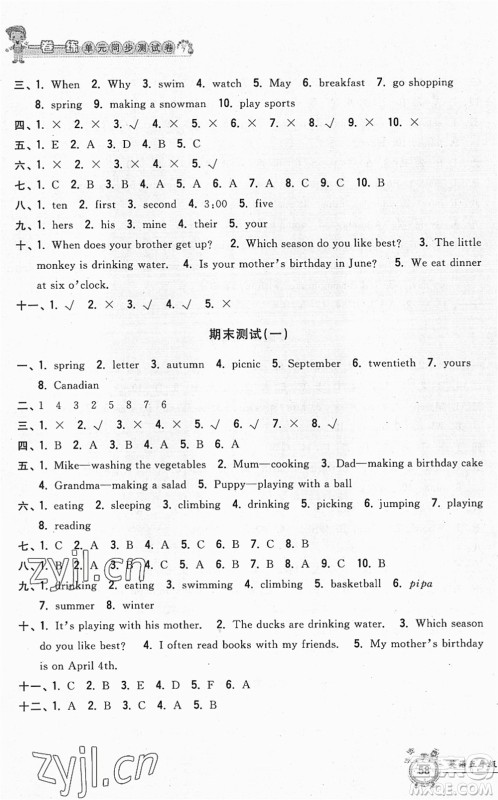 浙江工商大学出版社2022一卷一练单元同步测试卷五年级英语下册PEP版答案