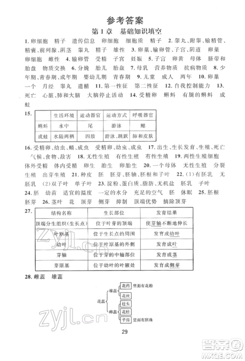 浙江教育出版社2022全优新同步七年级下册科学浙教版参考答案