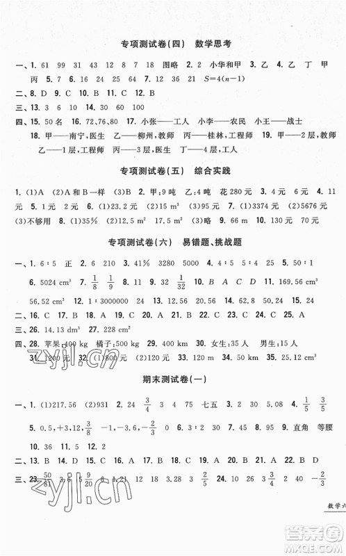 浙江工商大学出版社2022一卷一练单元同步测试卷六年级数学下册R人教版答案