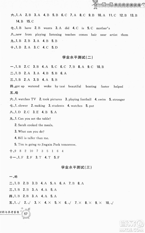 浙江工商大学出版社2022一卷一练单元同步测试卷六年级英语下册PEP版答案