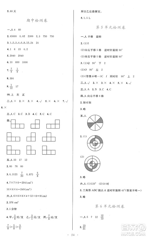 青海人民出版社2022快乐练练吧同步练习五年级数学下册人教版青海专用答案