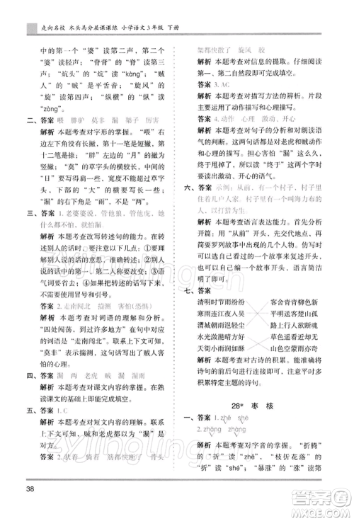 湖南师范大学出版社2022木头马分层课课练三年级下册语文人教版浙江专版参考答案