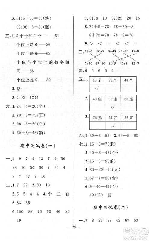 山东画报出版社2022一课三练单元测试一年级数学下册RJ人教版答案