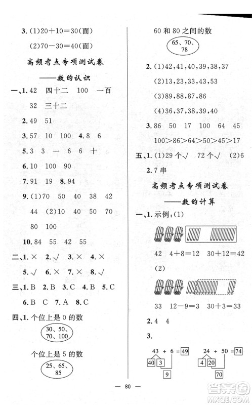 山东画报出版社2022一课三练单元测试一年级数学下册RJ人教版答案