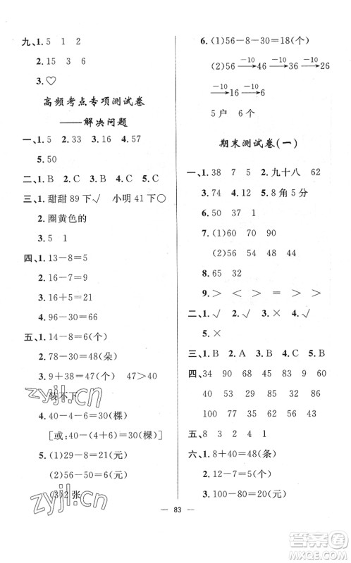 山东画报出版社2022一课三练单元测试一年级数学下册RJ人教版答案