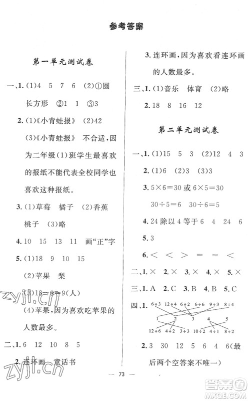 山东画报出版社2022一课三练单元测试二年级数学下册RJ人教版答案