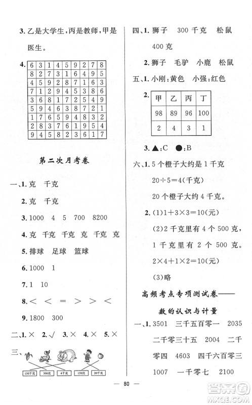 山东画报出版社2022一课三练单元测试二年级数学下册RJ人教版答案