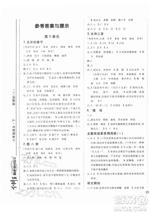 吉林人民出版社2022全科王同步课时练习语文六年级下册新课标人教版答案