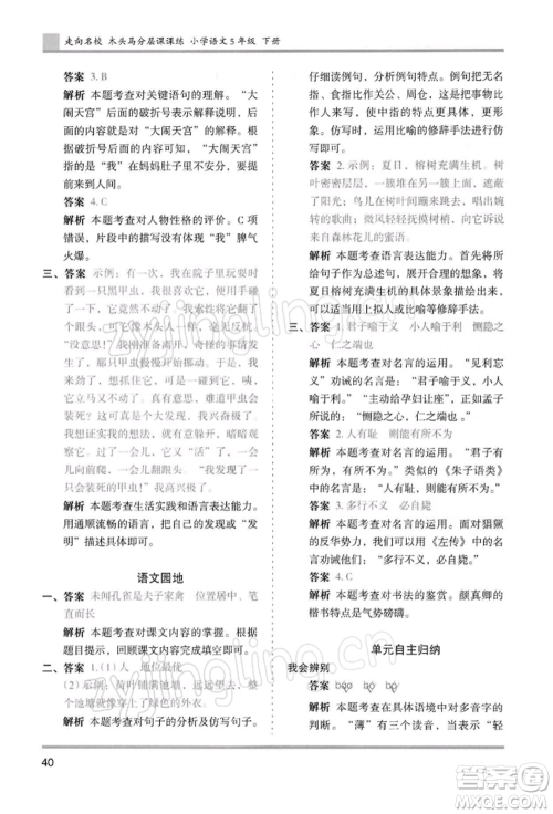 湖南师范大学出版社2022木头马分层课课练五年级下册语文人教版浙江专版参考答案