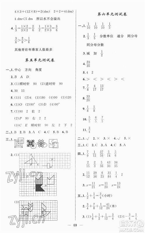 山东画报出版社2022一课三练单元测试五年级数学下册RJ人教版答案