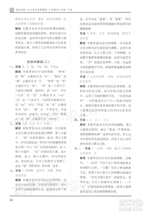 湖南师范大学出版社2022木头马分层课课练六年级下册语文人教版浙江专版参考答案