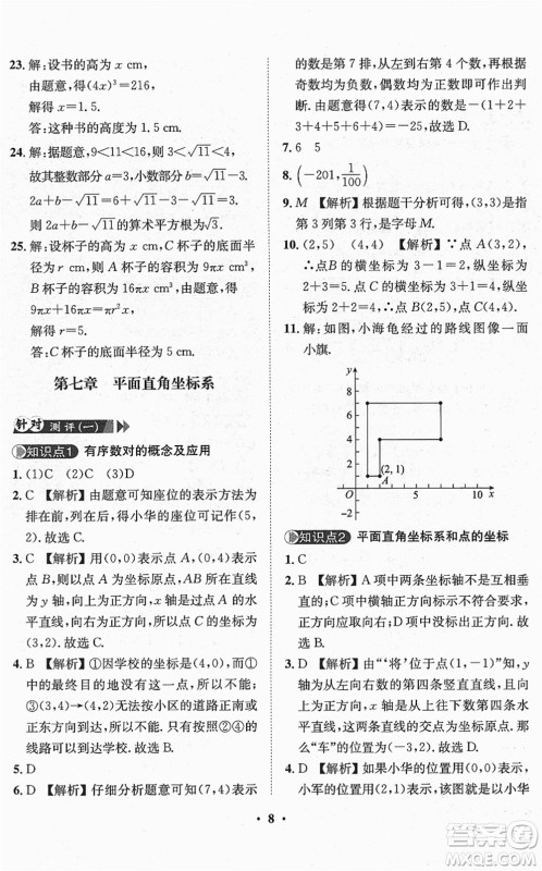 山东画报出版社2022一课三练单元测试七年级数学下册RJ人教版答案