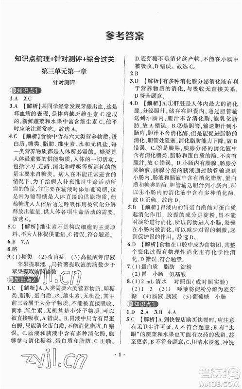 山东画报出版社2022一课三练单元测试七年级生物下册JN济南版答案 山东画报出版社2022一课三练单元测试七年级生物下册JN济南版答案