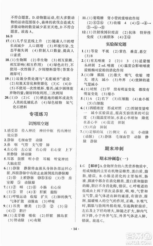 山东画报出版社2022一课三练单元测试七年级生物下册JN济南版答案 山东画报出版社2022一课三练单元测试七年级生物下册JN济南版答案