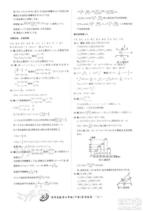 云南科技出版社2022周周清检测七年级下册数学浙教版参考答案