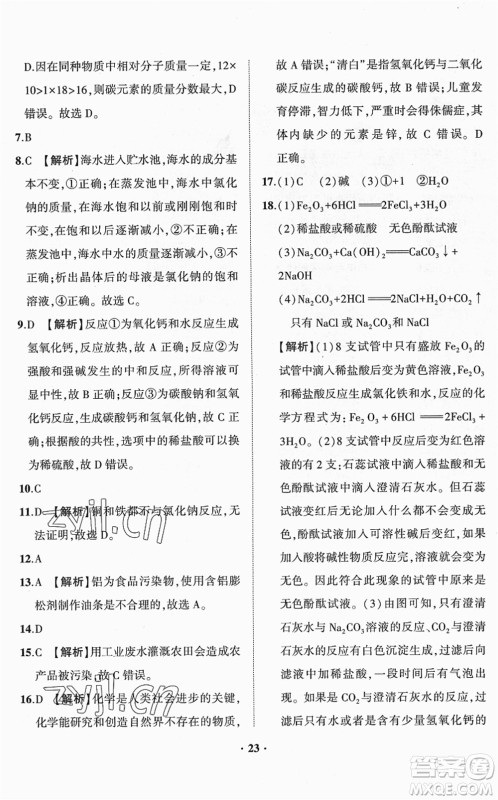 山东画报出版社2022一课三练单元测试九年级化学下册LJ鲁教版答案
