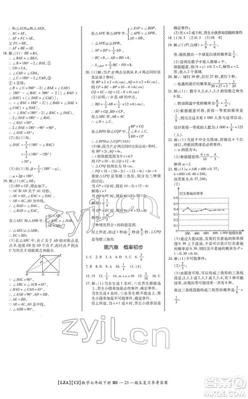电子科技大学出版社2022零障碍导教导学案七年级数学下册BSSX北师版答案