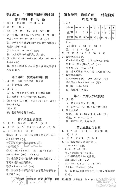 安徽人民出版社2022完美学案教与学四年级数学下册人教版答案