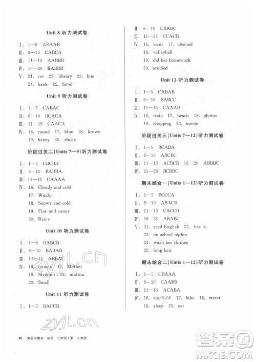 阳光出版社2022全品小复习七年级下册英语人教版答案