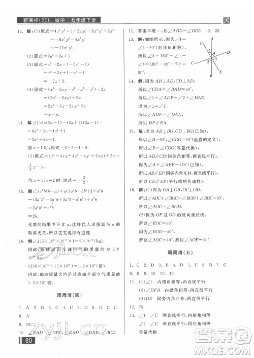 阳光出版社2022全品小复习七年级下册数学北师版答案