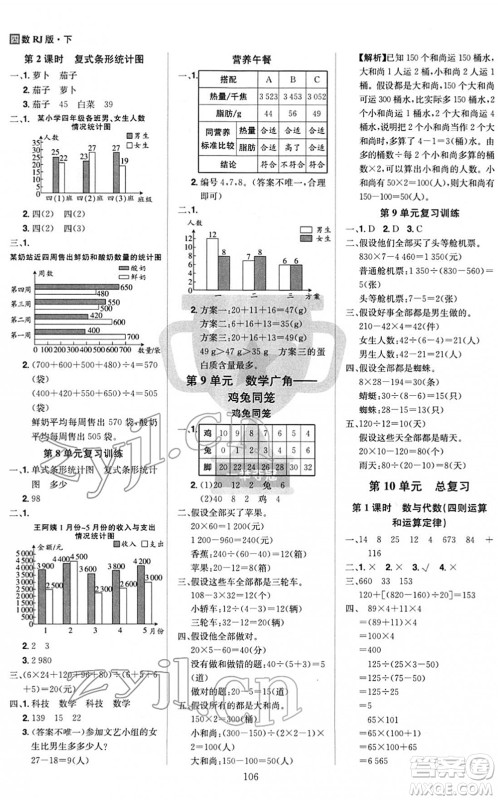 江西美术出版社2022龙门之星四年级数学下册RJ人教版答案