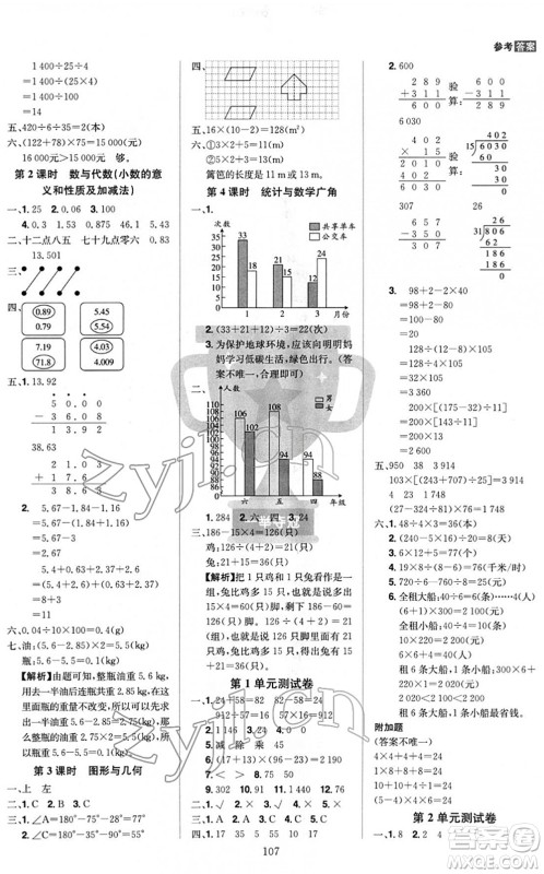 江西美术出版社2022龙门之星四年级数学下册RJ人教版答案