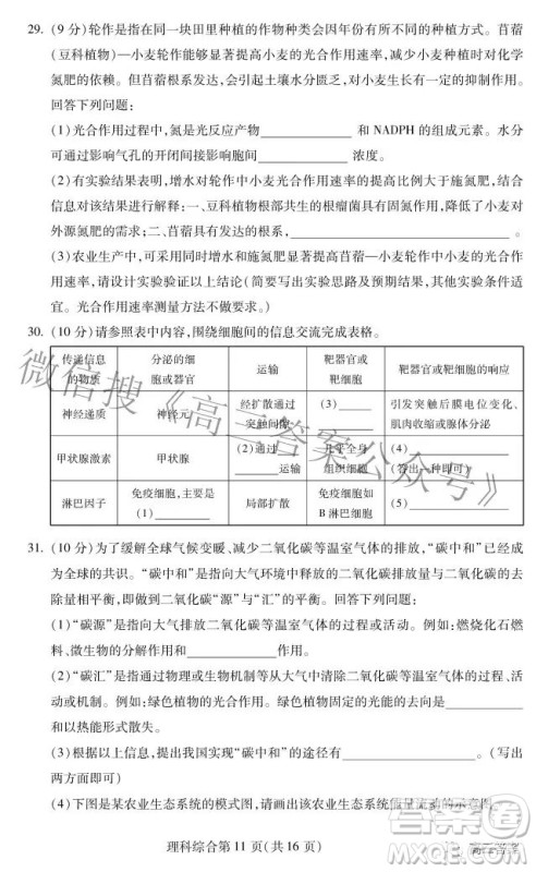 2022年东北三省四市教研联合体高考模拟试卷二理科综合试题及答案