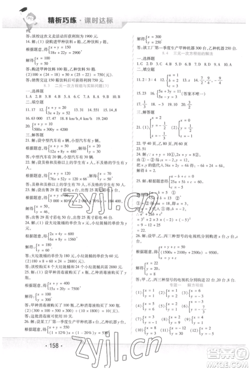 北方妇女儿童出版社2022精析巧练课时达标七年级下册数学人教版参考答案