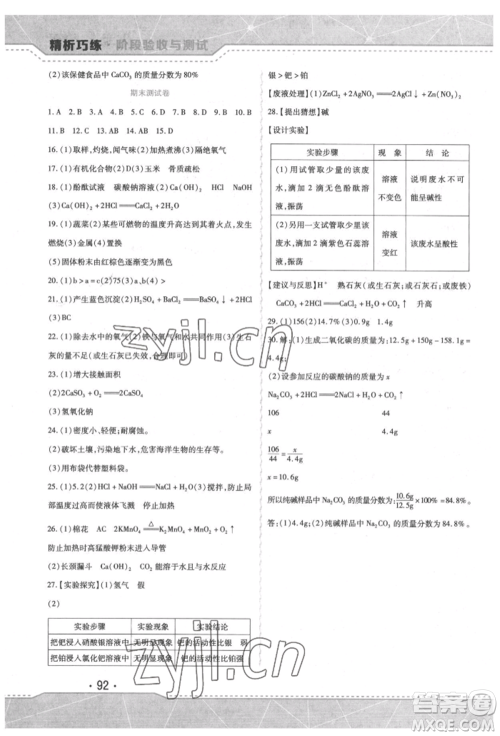 吉林出版集团股份有限公司2022精析巧练阶段验收与测试九年级下册化学人教版参考答案