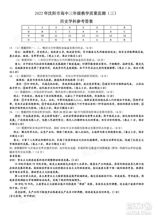 2022年沈阳市高中三年级教学质量监测三历史试题及答案