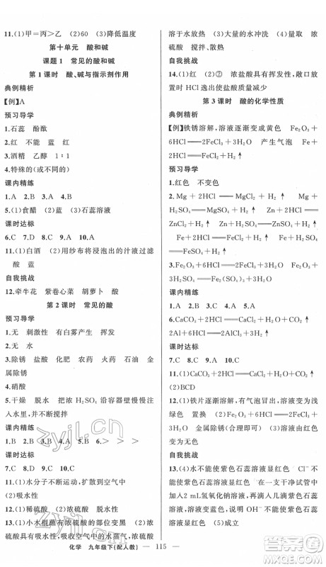 新疆青少年出版社2022黄冈金牌之路练闯考九年级化学下册人教版答案