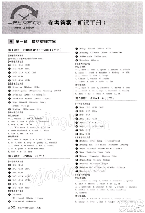 江西美术出版社2022全品中考复习方案听课手册英语人教版宁夏专版参考答案