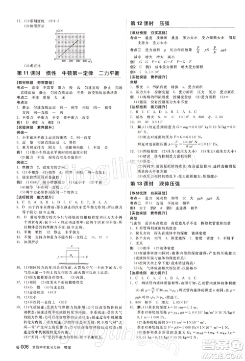 江西美术出版社2022全品中考复习方案物理通用版宁夏专版参考答案