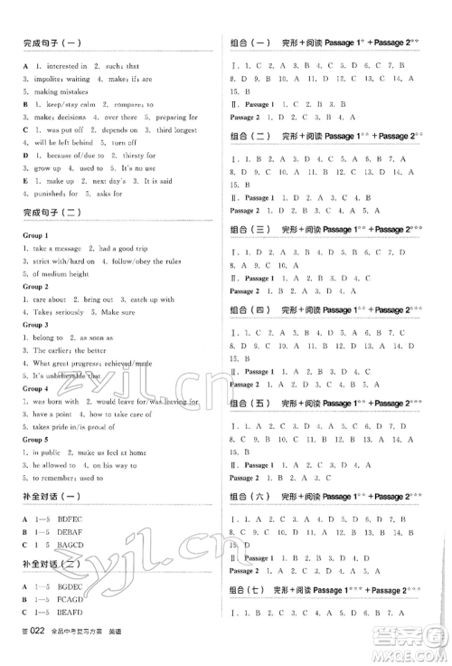 阳光出版社2022全品中考复习方案听课手册英语人教版内蒙古专版参考答案