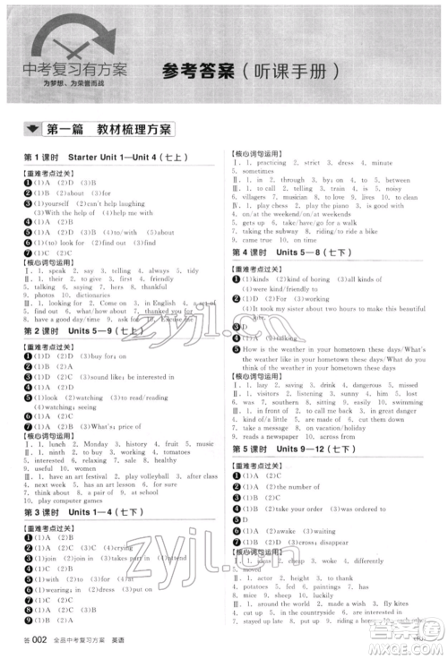 阳光出版社2022全品中考复习方案听课手册英语人教版新疆专版参考答案